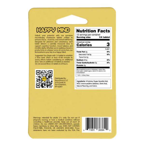 Happy Mind Mushroom Tablets - 3ct | 10mg Per Tablet - supplement facts